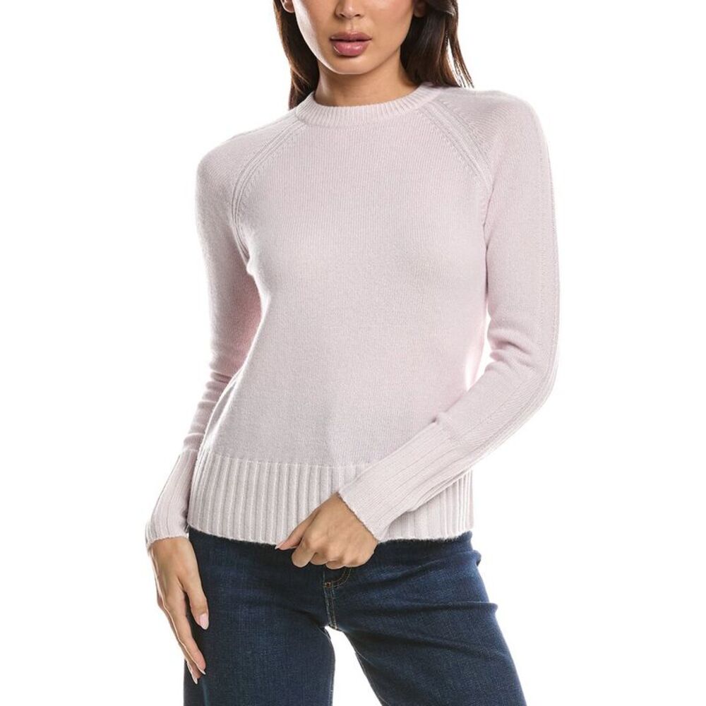 Forte Cashmere Womens Plaited Rib Trim Crewneck 100% Cashmere Sweater, Beige